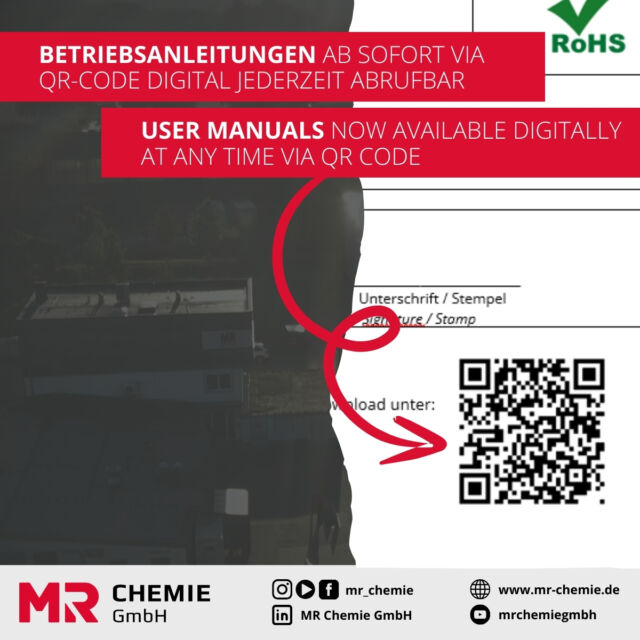 👉 We would like to inform our business partners and customers that we are now making our user manuals available digitally via QR code.

This avoids unnecessary waste of paper and guarantees you access to the instructions at any time. You will always find the QR codes at the end of the inspection certificate of our devices.

If you have any questions, please contact our customer service. 
📞 +49 2303 / 951510
📩 post@mr-chemie.de
_______________

👉 Wir möchten unsere Geschäftspartner und Kunden informieren, dass wir ab sofort unsere Betriebsanleitungen via QR-Code digital zur Verfügung stellen.

Damit vermeiden wir unnötige Papierverschwendung und garantieren jederzeit Zugriff auf die Anleitungen. Die QR-Codes sind am Ende des Prüfprotokolls unserer Geräte zu finden.

Bei Fragen gerne bei unserem Customer Service melden. 
📞 +49 2303 / 951510
📩 post@mr-chemie.de