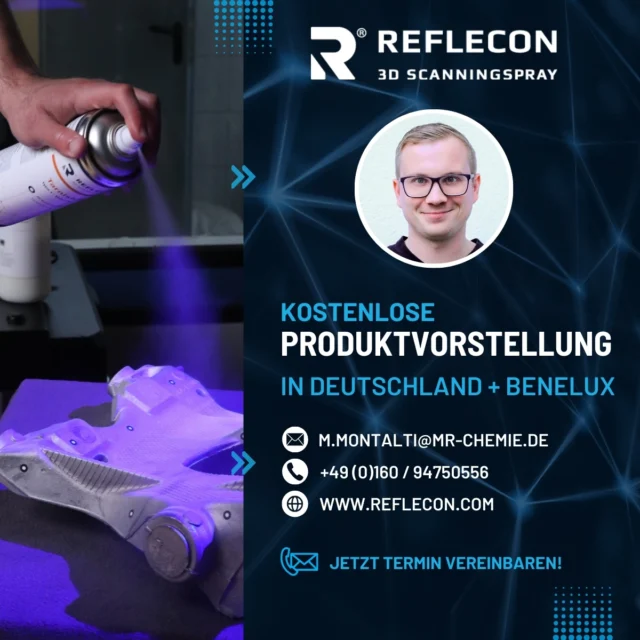 Erlebt unser 3D-Scanningspray in Aktion! 

Unser Reflecon Sales Development Engineer Mario Montalti ist aktuell in Deutschland und den BeNeLux-Ländern unterwegs und bietet kostenlose Produktvorführungen an. Nutzt die Chance, das innovative Spray live zu sehen und überzeugt euch selbst von der Qualität. Unser Spray sorgt für eine gleichmäßige Beschichtung und sublimiert rückstandsfrei – ideal für Ingenieure und Scan-Experten, die höchste Präzision benötigen. Vereinbart jetzt bei Mario eure Demo und erfahrt, wie unser Spray eure 3D-Scans optimieren kann! 
__________

Experience our 3D scanning spray in action! 

Our Reflecon Sales Development Engineer Mario Montalti is currently on the road in Germany and the Benelux countries and is offering free product demonstrations. Take the opportunity to see the innovative spray live and convince yourself of its quality. Our spray ensures an even coating and sublimates without leaving any residue - ideal for engineers and scanning experts who require maximum precision. Arrange your demo with Mario now and find out how our spray can optimize your 3D scans!

#3DScannen #3DScan #3DScanning #Scanningspray #3DScanningspray #ScanTechnologie #3DScanTechnologie #Scanspray #3DScanSpray #ScanningSolutions #3DScanningSolutions