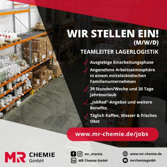 Jetzt bewerben: Teamleiter Lagerlogistik (m/w/d) gesucht!

Wir bei MR Chemie, einem familiengeführten, mittelständischen Unternehmen, suchen ab sofort einen engagierten Teamleiter Lagerlogistik (m/w/d) zur Verstärkung unseres Teams.

Deine Aufgaben:

✅ Fachliche Führung und Koordination des Lagerpersonals
✅ Überwachung und Steuerung der Warenein- und -ausgänge
✅ Sicherstellung einer korrekten Verpackung und Versendung gemäß gesetzlichen Vorgaben
✅ Durchführung von internen Schulungen im Bereich Ladungssicherung und Gabelstaplerführung sowie Betreuung der Auszubildenden
✅ Bestandsüberwachung und enge Abstimmung mit der Einkaufsabteilung

Interessiert? Dann freuen wir uns auf deine Bewerbung an application@mr-chemie.de!

Weitere Informationen zur Stellenanzeige findest du hier 👉 https://www.mr-chemie.de/jobs/

#teamleiter #lagerlogistik #karriere #MRChemie #unna